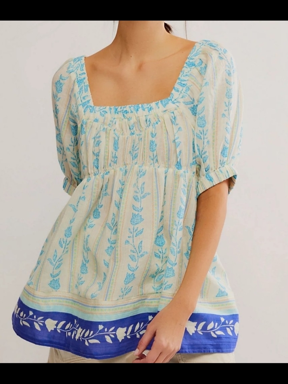 Free People  with Aqua Floral Print and Blue Border